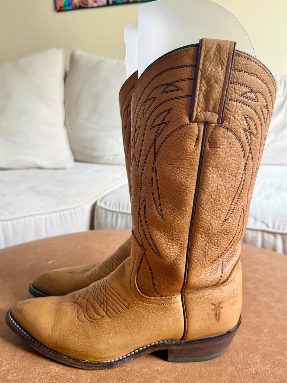 Vintage Frye Heritage Western Cowboy Boots Women’s 9B Tan Pebbled Leather - Picture 4 of 8